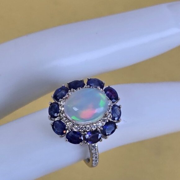 925 Sterling Silver Ring with Natural White Opal 8x10mm & Sapphire Gems - Picture 7 of 15